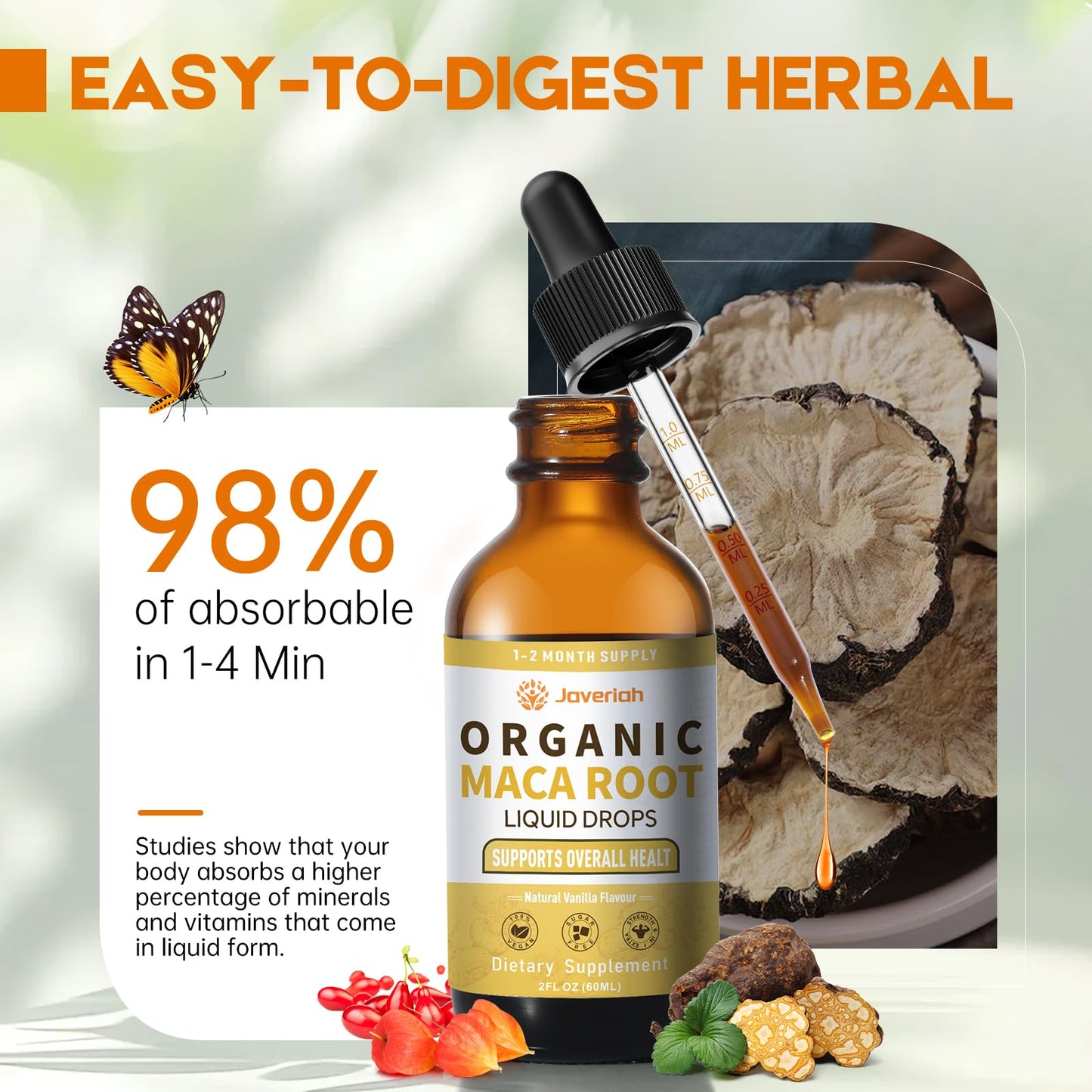 Javeriah Organic Maca Root Drops with Ashwagandha – 2oz Tincture for Women & Men