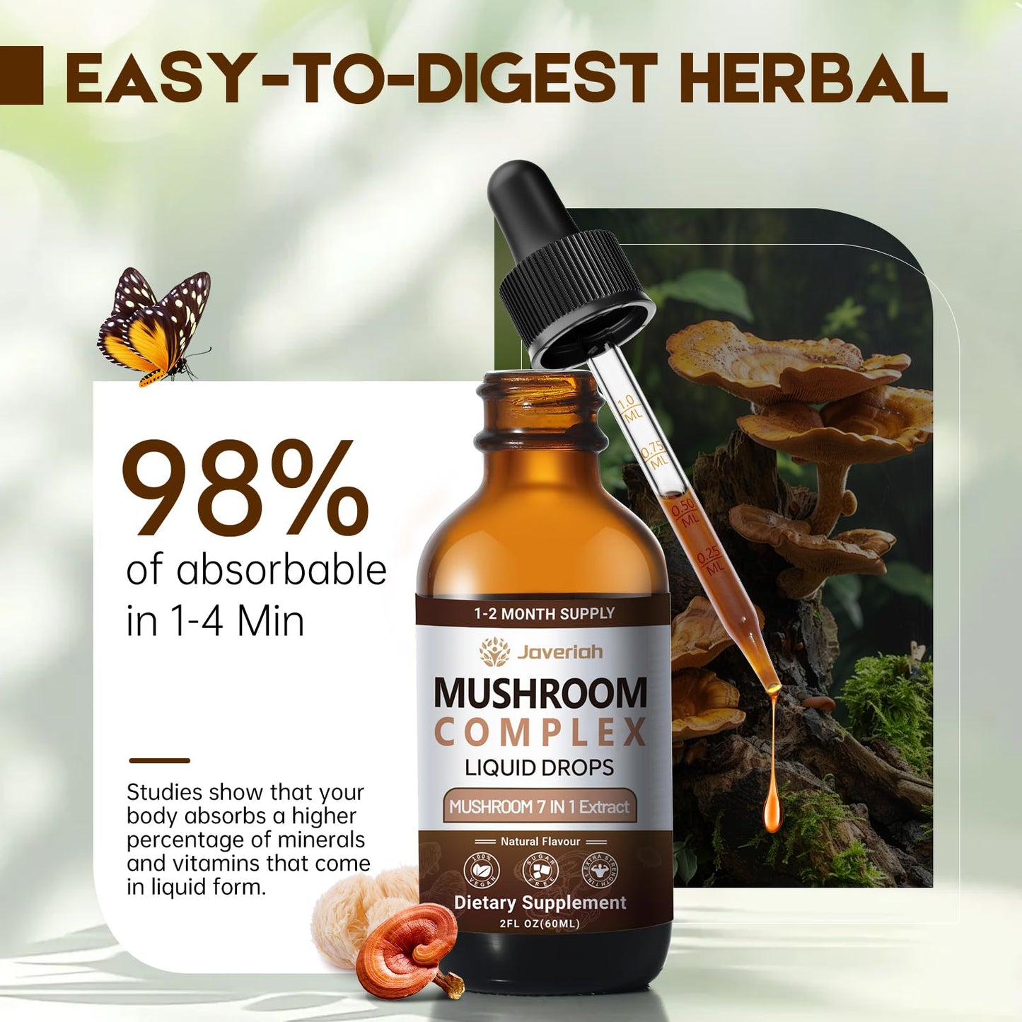 Javeriah 7-in-1 Mushroom Complex Drops – Lion's Mane & 7 Mushrooms, 2 fl oz