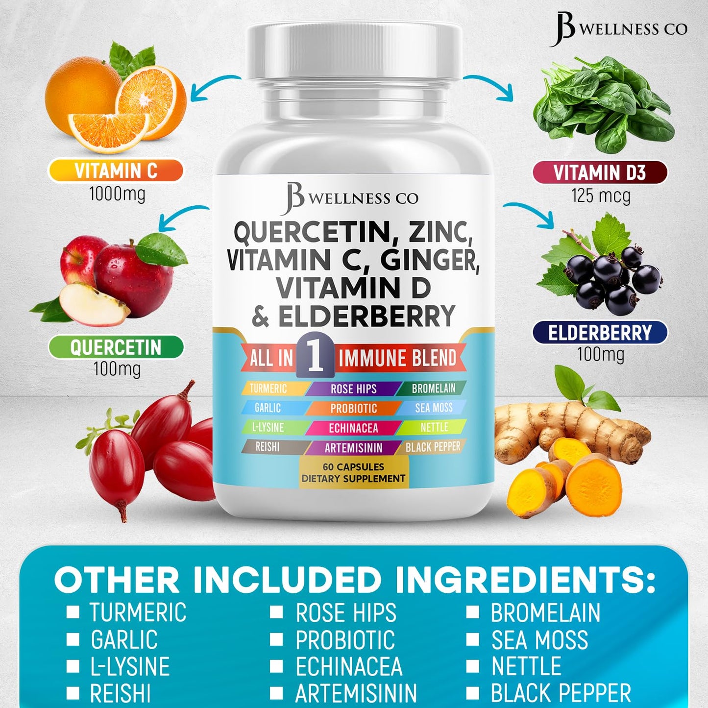 JB Wellness Co Immune Support: Quercetin, Zinc, Vitamin C & D + Bromelain (180 Count)