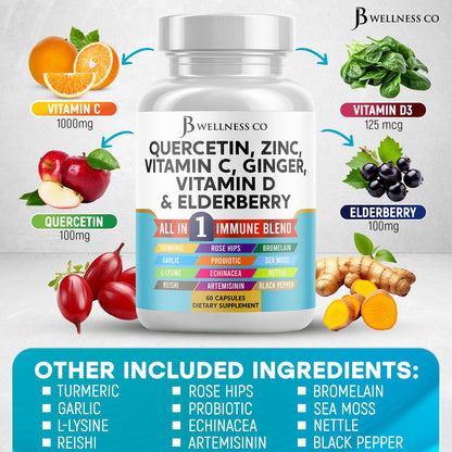 JB Wellness Co Immune Support: Quercetin, Zinc, Vitamin C & D + Bromelain (180 Count)