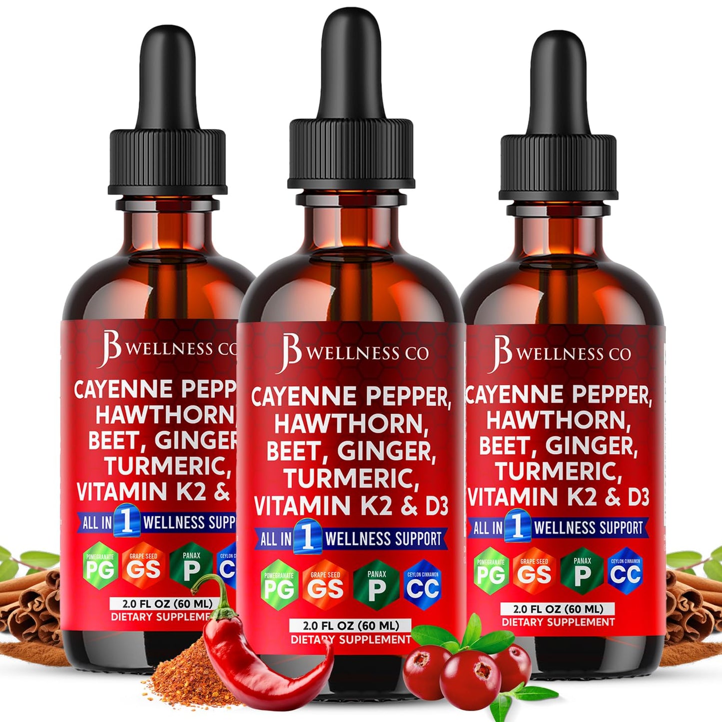 JB Wellness Co Cayenne Pepper Liquid Drops + Hawthorn Berry, D3 K2 & Beet Root – 6oz