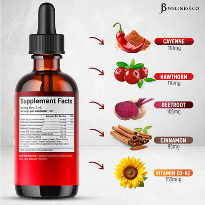 JB Wellness Co Cayenne Pepper Liquid Drops + Hawthorn Berry, D3 K2 & Beet Root – 6oz