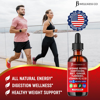 JB Wellness Co Cayenne Pepper Liquid Drops + Hawthorn Berry, D3 K2 & Beet Root – 6oz