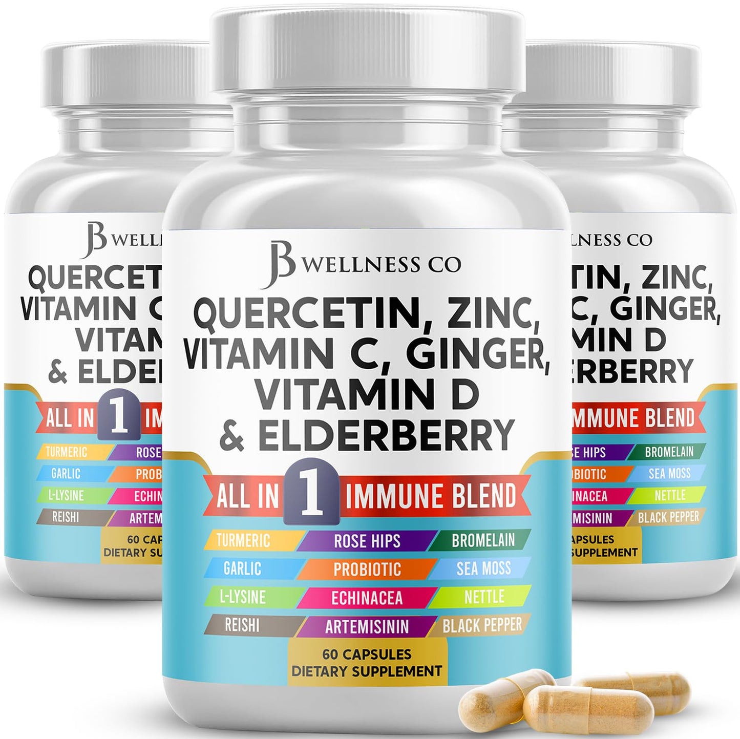 JB Wellness Co Immune Support: Quercetin, Zinc, Vitamin C & D + Bromelain (180 Count)