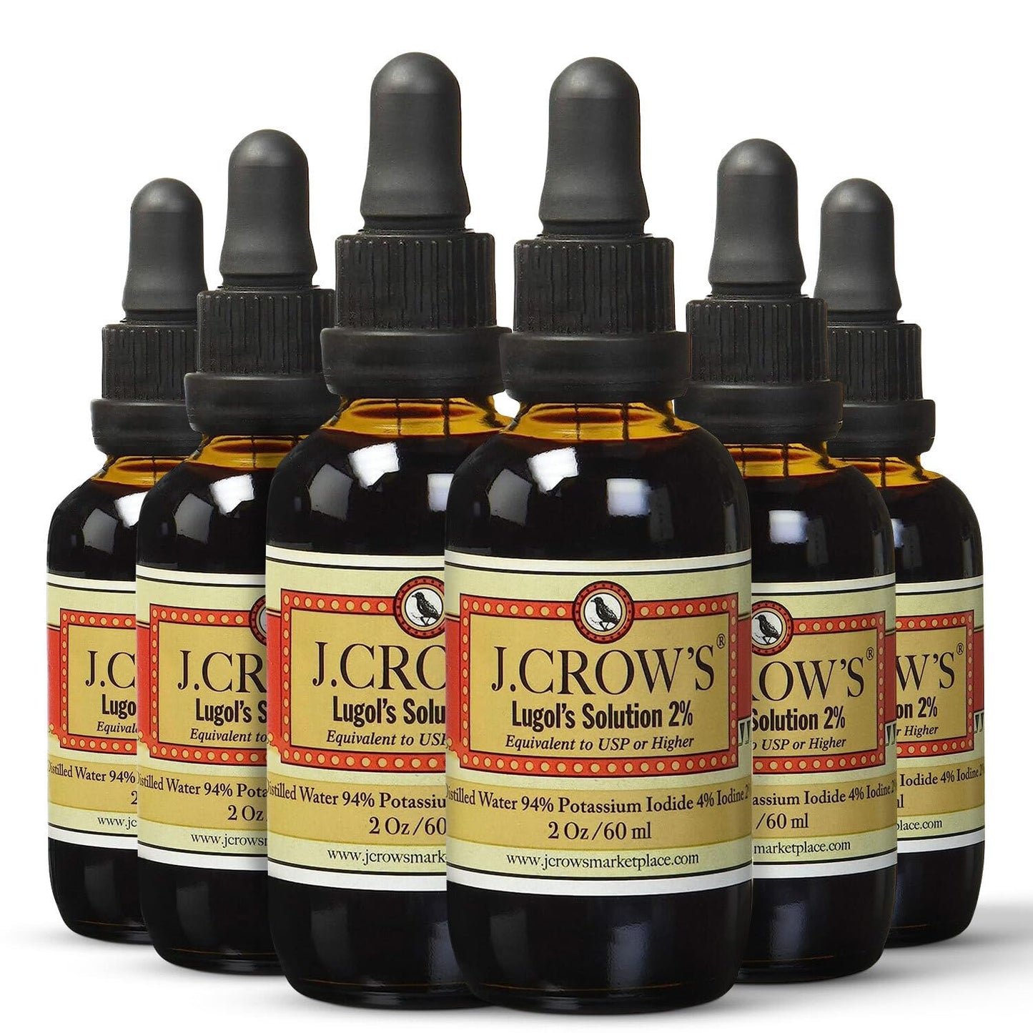 J.CROW'S Lugol's 2% Iodine Solution – 2 oz Bottle (6-Pack) – Gluten-Free, Alcohol-Free, No Expiration
