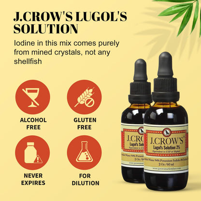J.CROW'S Lugol's 2% Iodine Solution – 2 oz Bottle (6-Pack) – Gluten-Free, Alcohol-Free, No Expiration