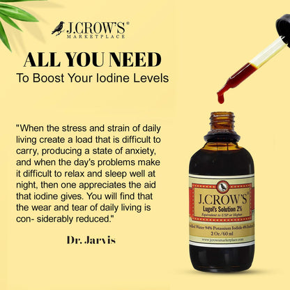 J.CROW'S Lugol's 2% Iodine Solution – 2 oz Bottle (6-Pack) – Gluten-Free, Alcohol-Free, No Expiration