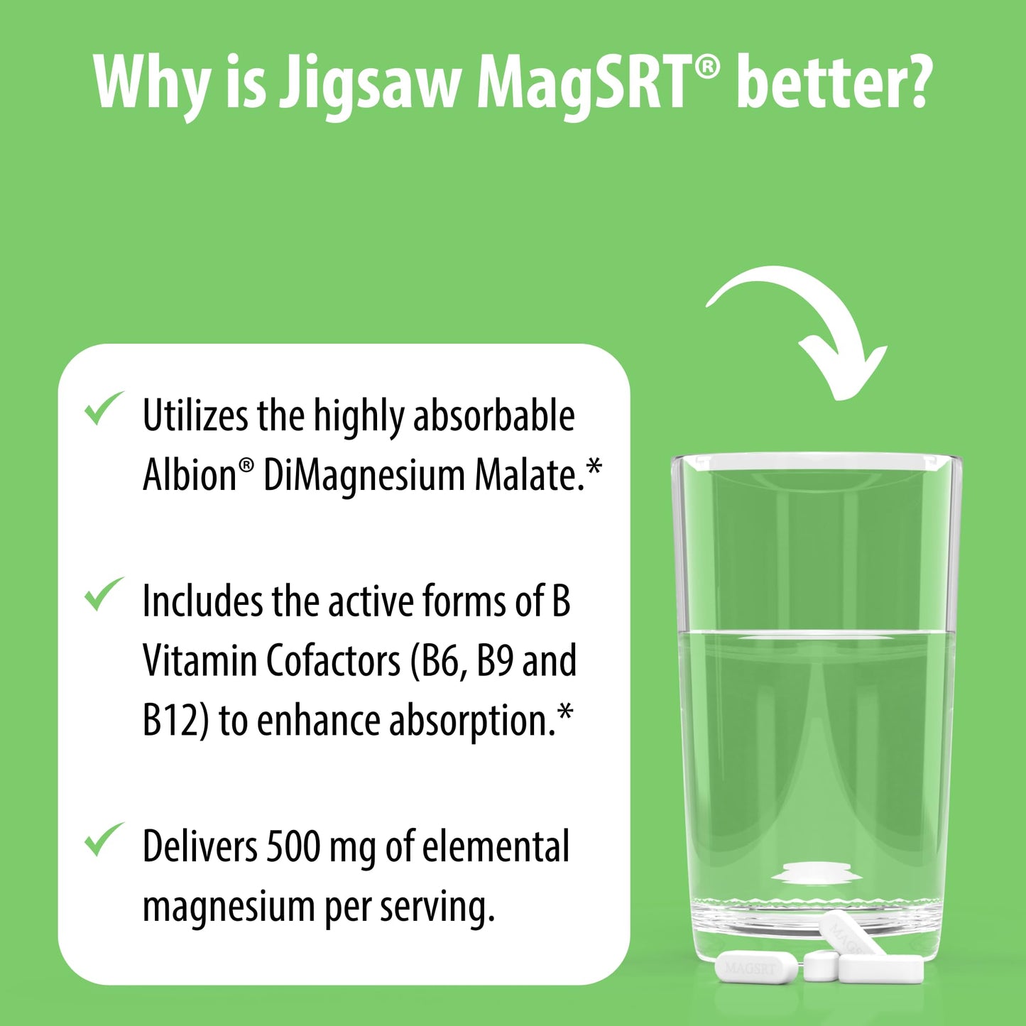 Jigsaw Health MagSRT Magnesium + B6, Folate & B12 | Timed-Release Mineral Supplement | 240 Tablets | 60 Servings