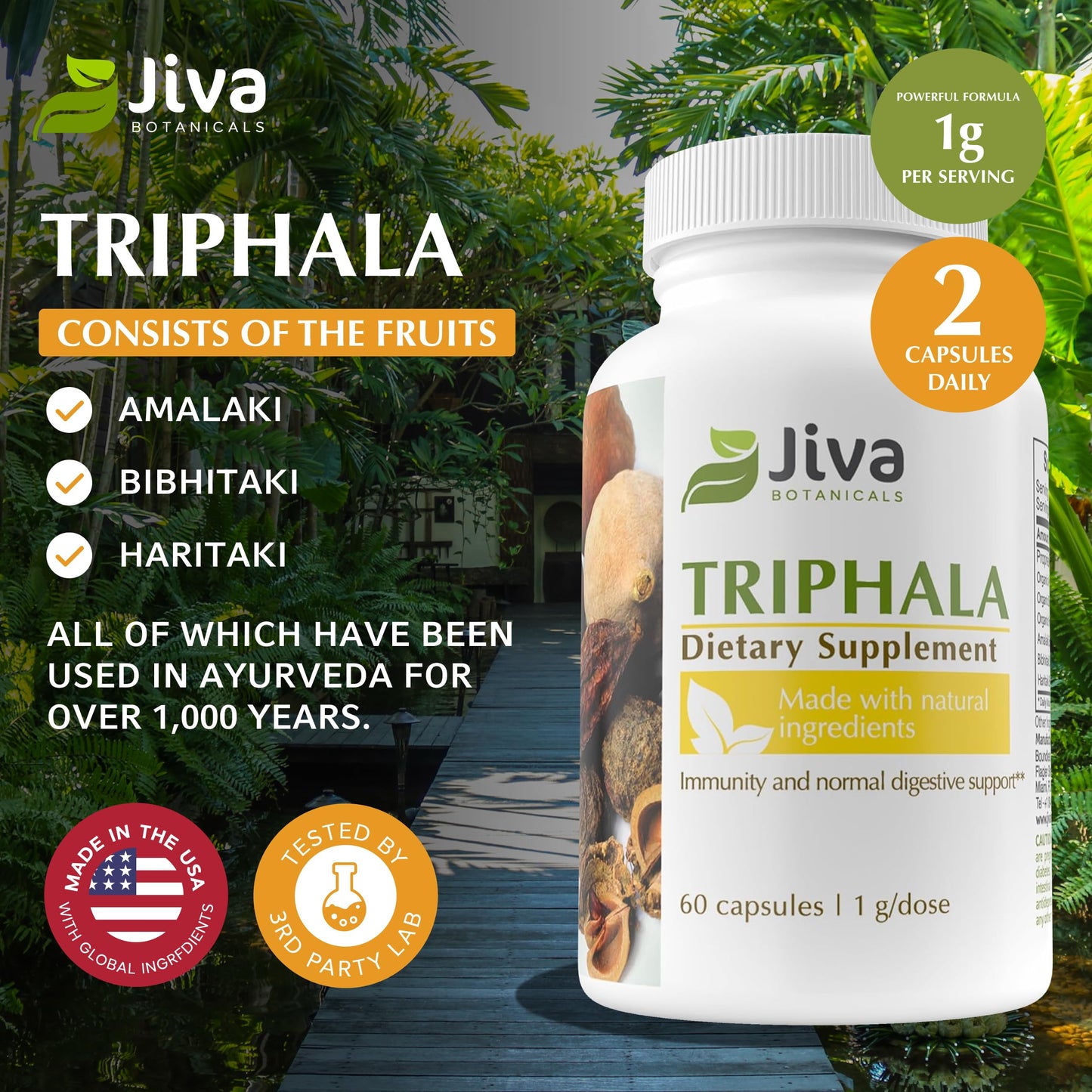Jiva Botanicals Triphala Supplement – Digestive Health & Immune Support | 60 Capsules