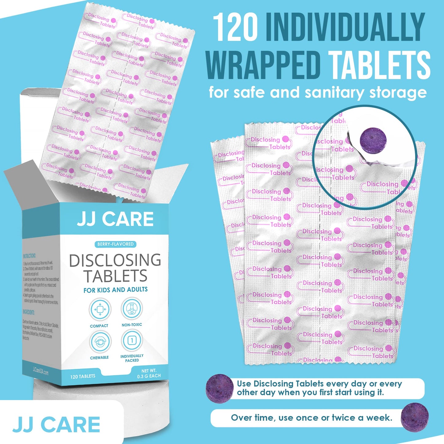 JJ Care Disclosing Tablets - Berry Flavor, 120 Count for Kids & Adults