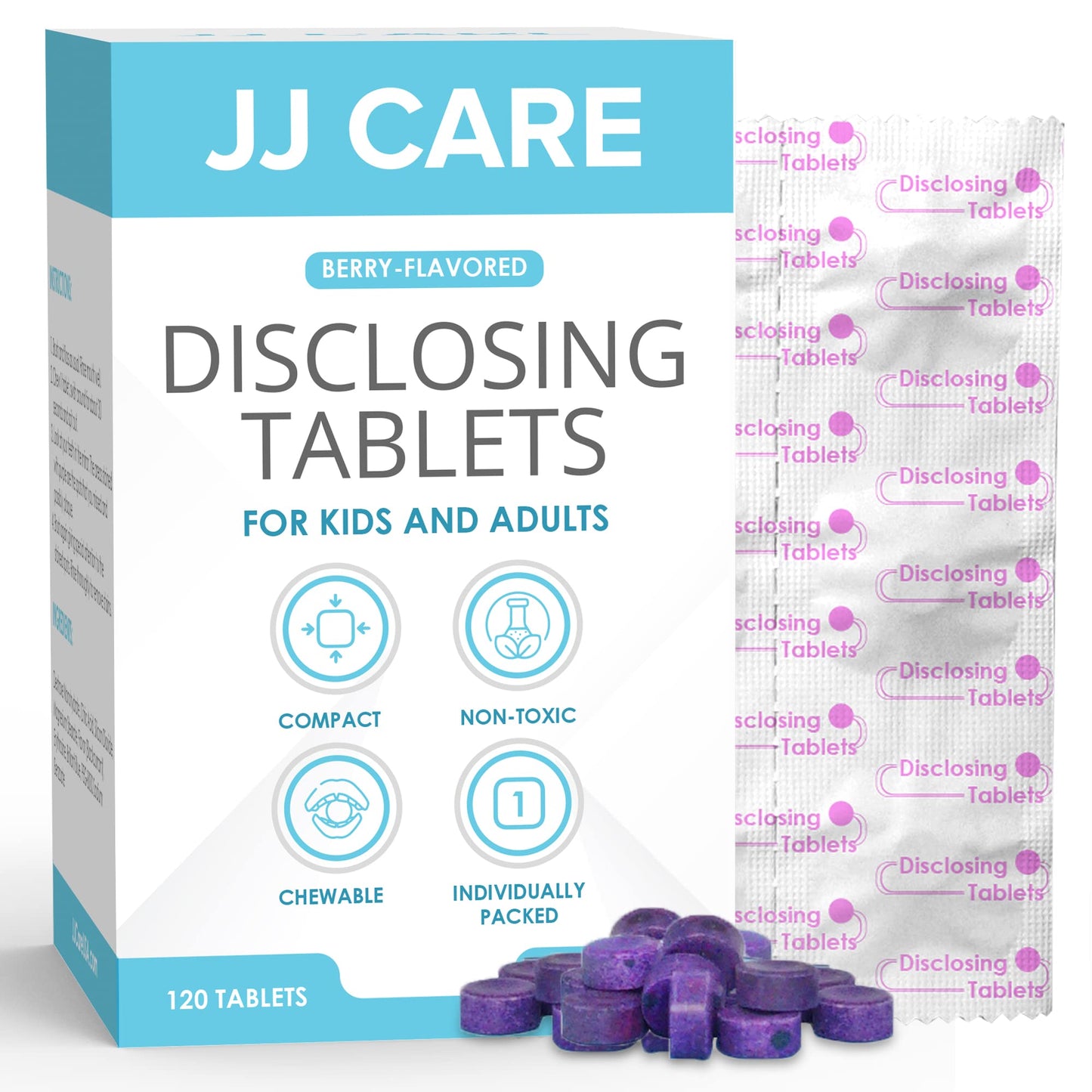 JJ Care Disclosing Tablets - Berry Flavor, 120 Count for Kids & Adults