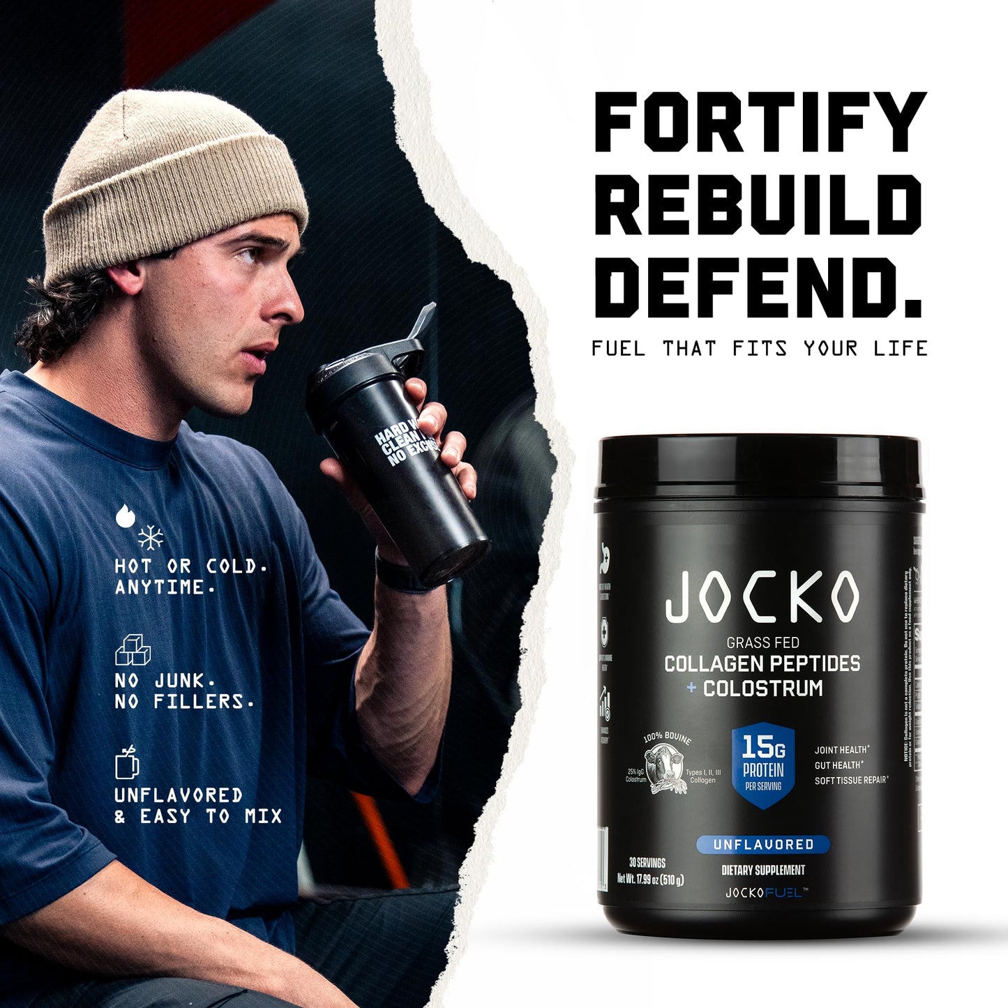 Jocko Fuel Collagen Powder with Colostrum – 15g Collagen + 2g Colostrum | Gut, Joint & Immune Support (30 Servings)