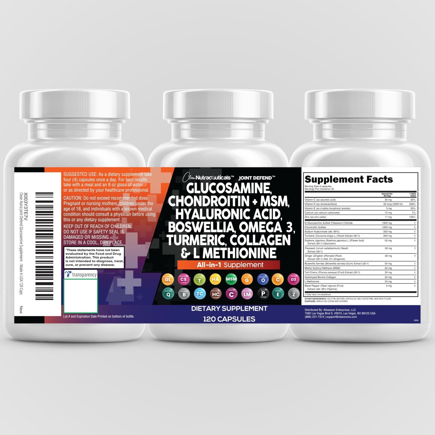 Clean Nutraceuticals Joint Defend – 15-in-1 Joint Health Capsule (Glucosamine 1500mg, Turmeric Curcumin, MSM, Collagen, Hyaluronic Acid, Omega-3) Pack of 2