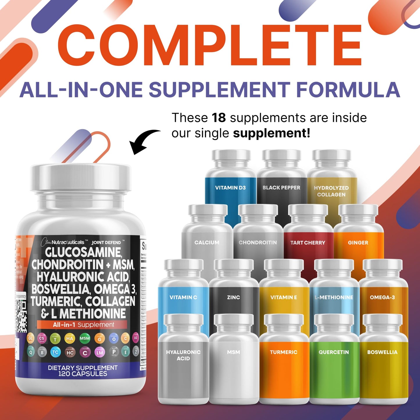 Clean Nutraceuticals Joint Defend – 15-in-1 Joint Health Capsule (Glucosamine 1500mg, Turmeric Curcumin, MSM, Collagen, Hyaluronic Acid, Omega-3) Pack of 2
