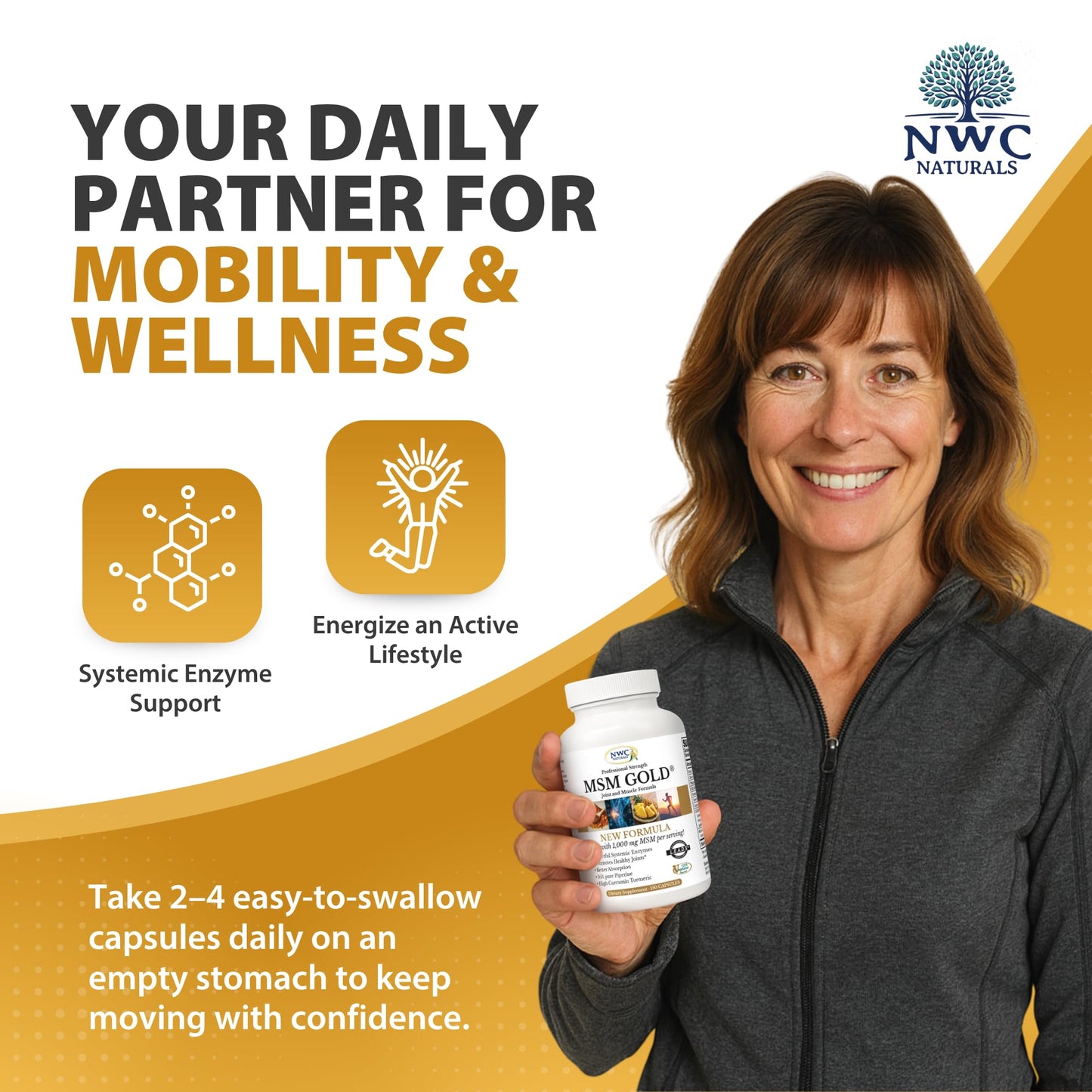 NWC Naturals MSM Gold – Systemic Enzyme + Turmeric, Lycopene & BioPerine for Joint & Muscle Support