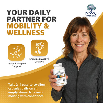 NWC Naturals MSM Gold – Systemic Enzyme + Turmeric, Lycopene & BioPerine for Joint & Muscle Support