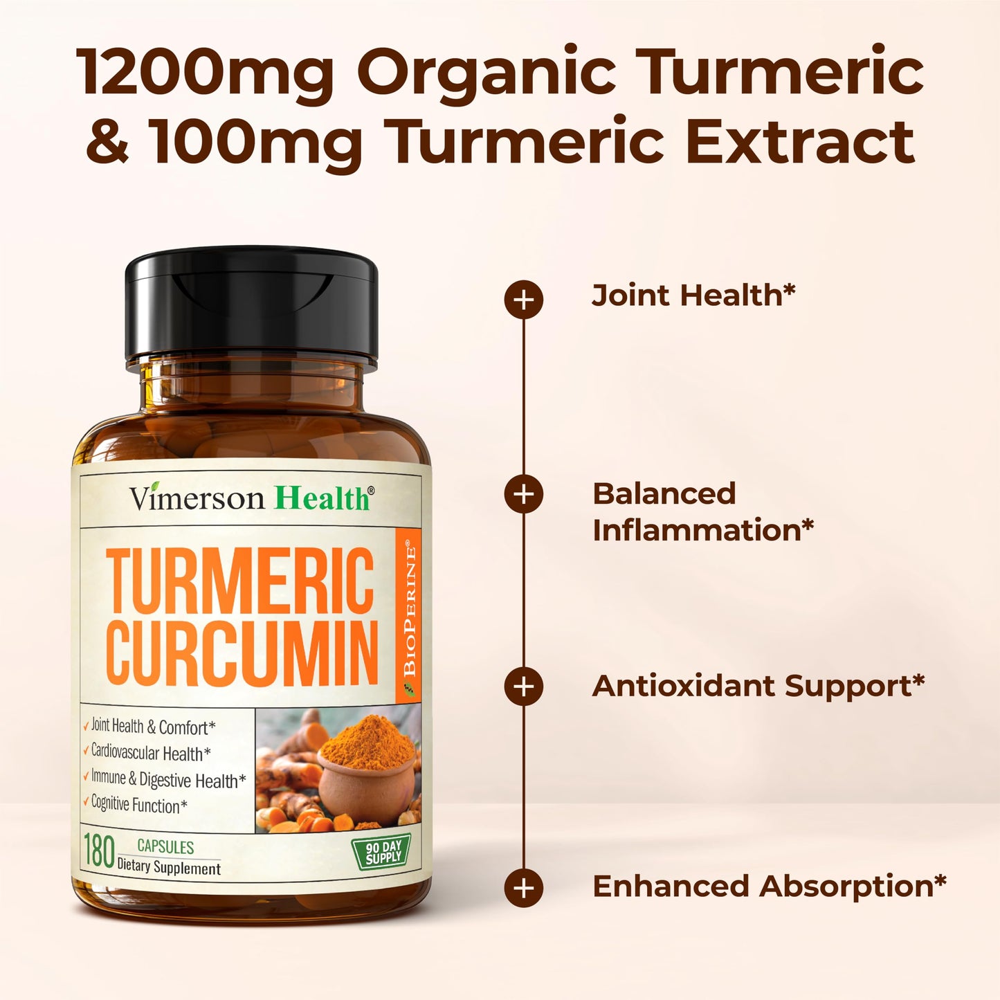 Vimerson Health Turmeric Curcumin 1200mg with Black Pepper - Joint & Digestive Support, 180 Vegan Capsules