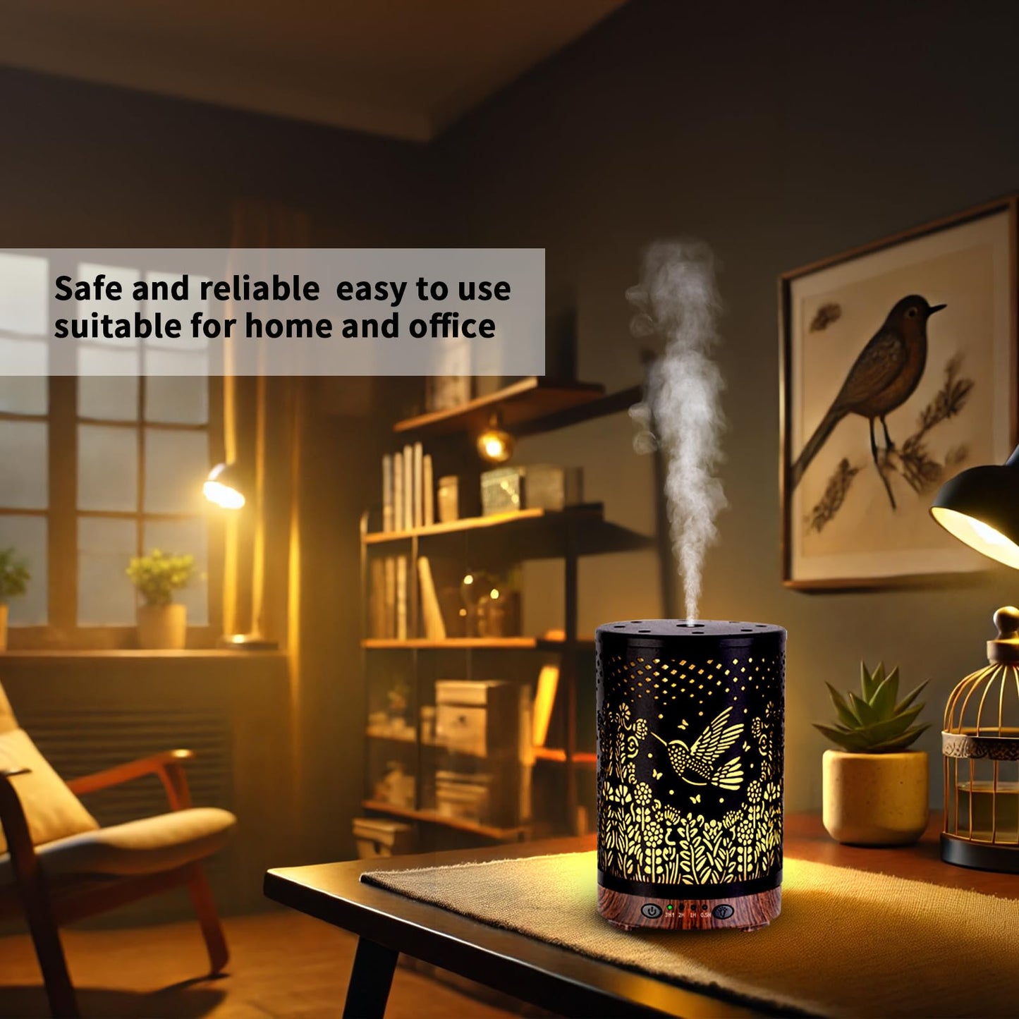 JOYOLO 120ML Metal Essential Oil Diffuser – Auto Shut-Off, 7 Color Lights, Bird Pattern