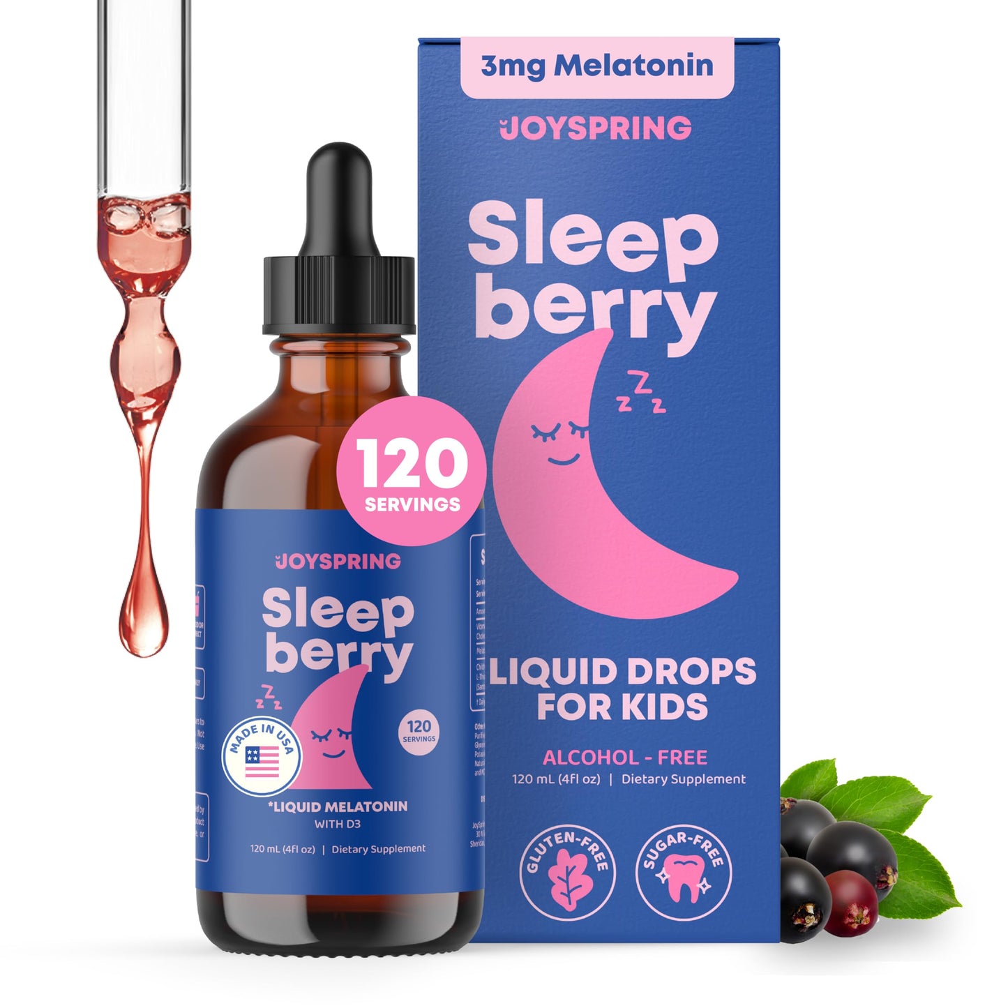 JoySpring SleepBerry Kids Melatonin Liquid — 3mg with D3 & Elderberry, Sugar-Free, 4 fl oz