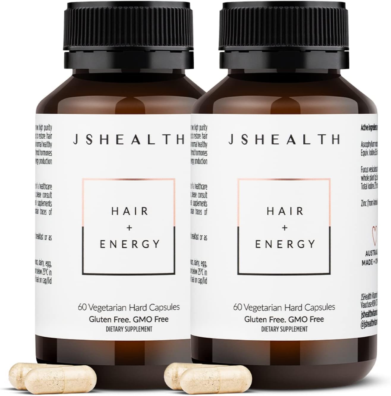 JSHealth Hair and Energy Formula – Hair Vitamins with Iodine & Zinc | 2 x 60-Capsule Pack
