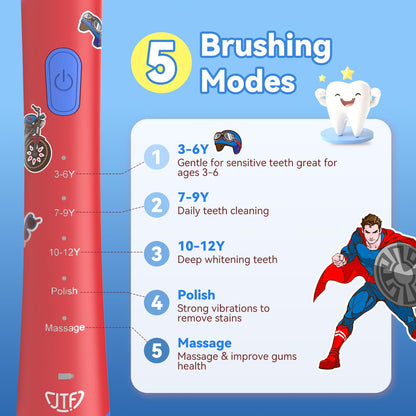 JTF Kids Electric Toothbrush – Sonic Toothbrush for Kids, 5 Modes, 2-Min Timer, IPX7 Waterproof