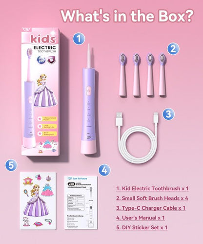 JTF Kids Electric Toothbrush Pink – Sonic Toothbrush for Girls, 5 Modes, IPX7, 2-Min Timer, DIY Sticker Set