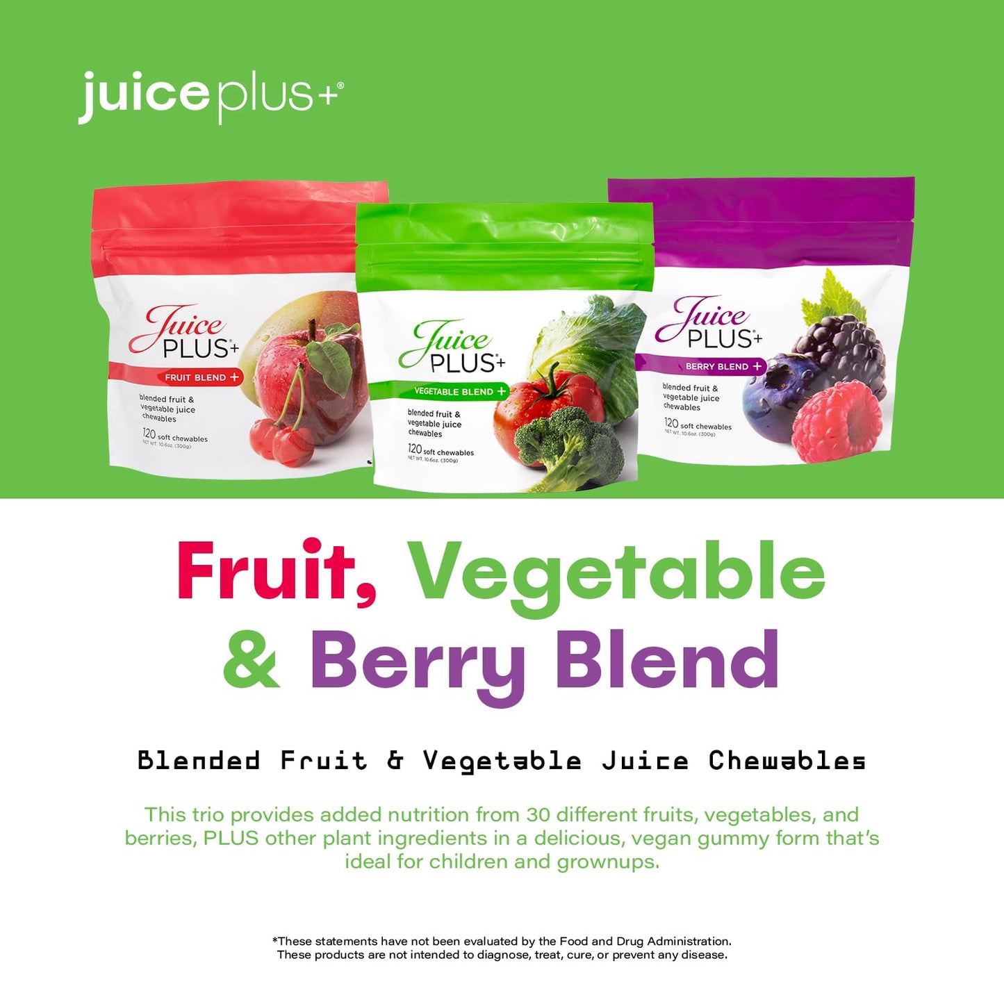 Juice Plus+ Fruit, Vegetable & Berry Blend Soft Chews – 3 Pouches (30 Chews Each) | Vegan, Gluten-Free, Non-GMO