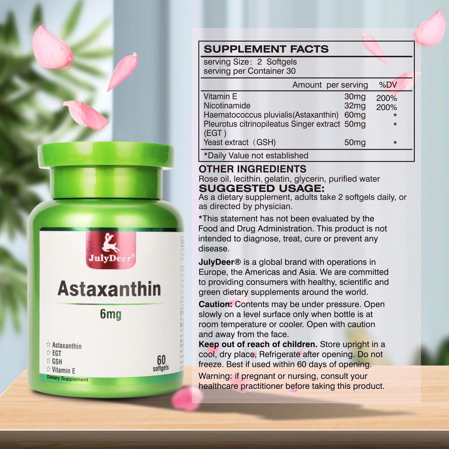 JulyDeer 2 Bottles Astaxanthin 6 mg with Nicotinamide Vitamin E Premium Antioxidant Supplement EGT GSH - for Skin, Eye, Joint & Immune System Health Cell Health & Energy丨5 in 1-120 Softgels