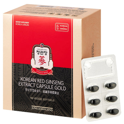Jung Kwan Jang Korean Red Ginseng Extract Capsule Gold — Vegan Energy & Immune Support, Caffeine Free (600mg, 150 Capsules)