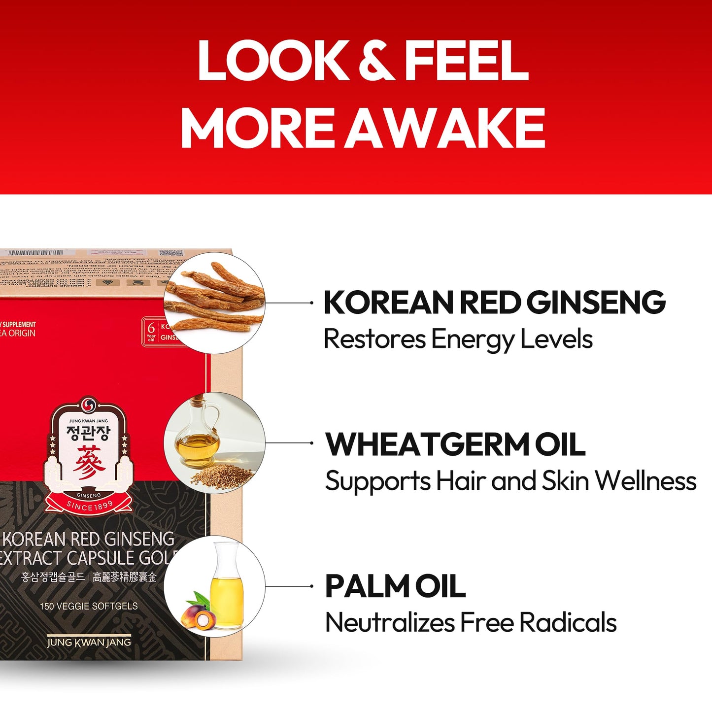 Jung Kwan Jang Korean Red Ginseng Extract Capsule Gold — Vegan Energy & Immune Support, Caffeine Free (600mg, 150 Capsules)