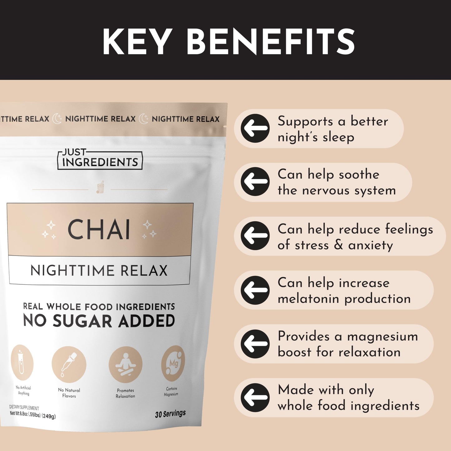 JUST INGREDIENTS Chai Nighttime Relax Drink Mix – 30 Servings | No Sugar Added | Magnesium, L-Theanine, Chamomile & Tart Cherry