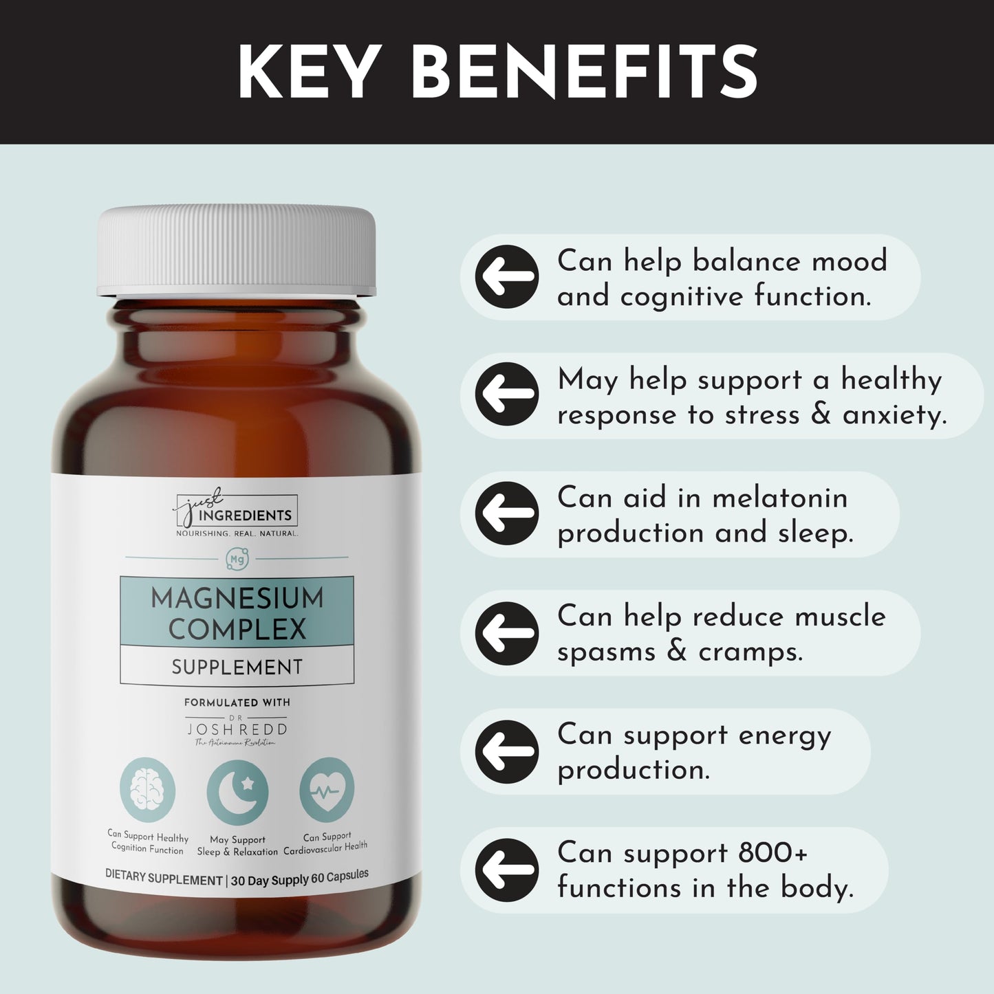 Just Ingredients Magnesium Complex – Five Bioavailable Forms for Relaxation, Sleep & Mood Support | 60 Capsules