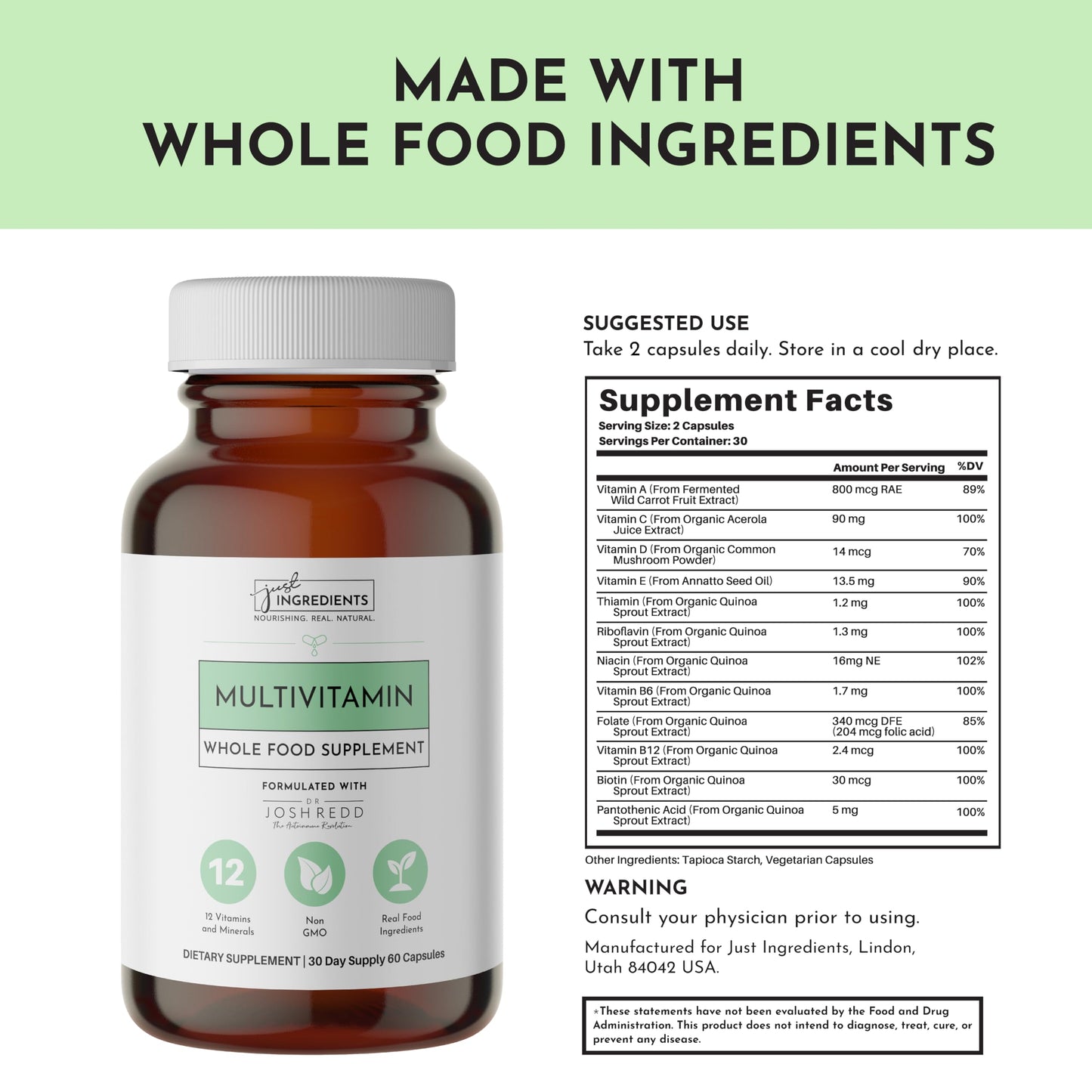 JUST INGREDIENTS Multivitamin – Plant-Based, Vegetarian – 60 Capsules
