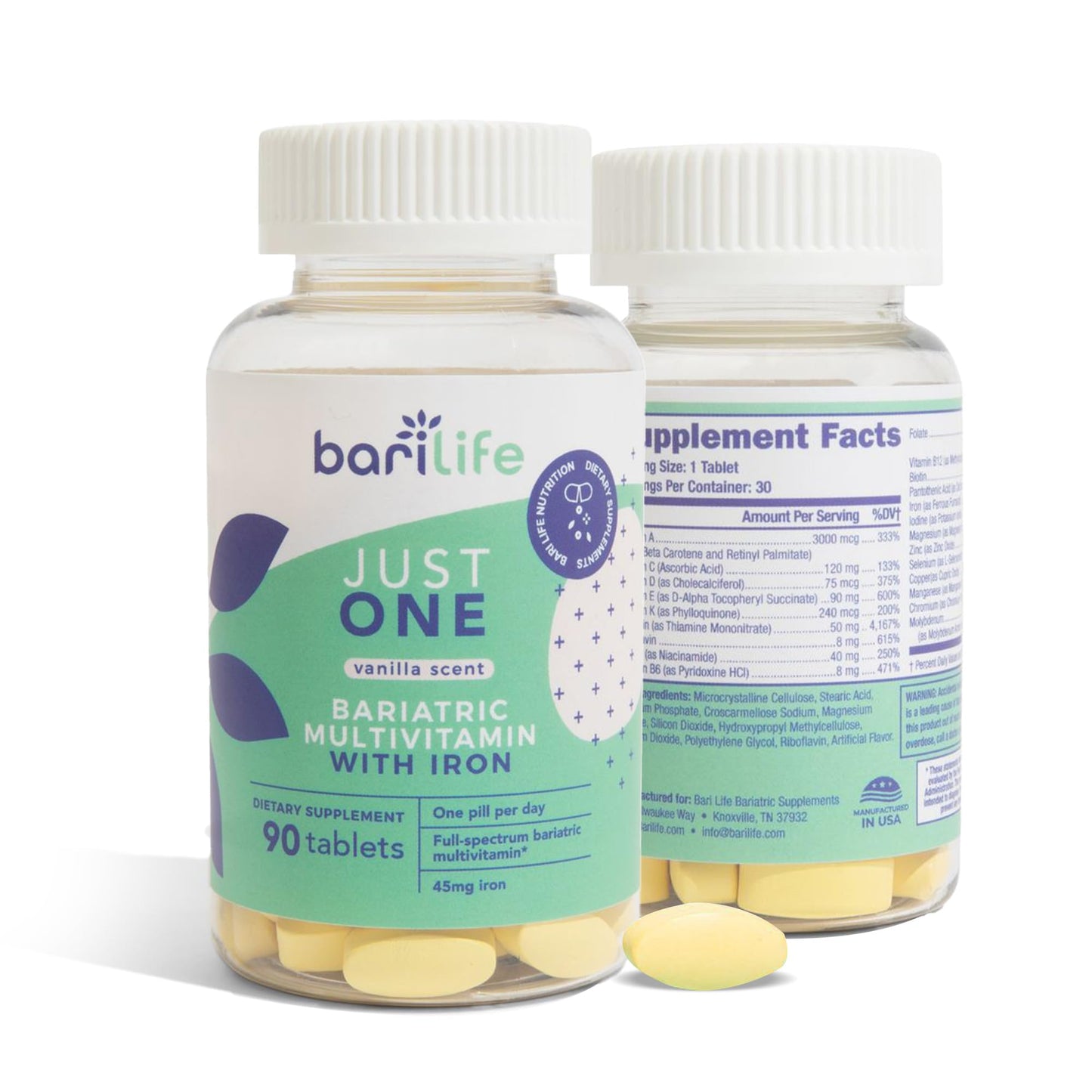 Bari Life Just One: Once Daily Bariatric Multivitamin with Iron – 90 Count for Gastric Sleeve & Bypass