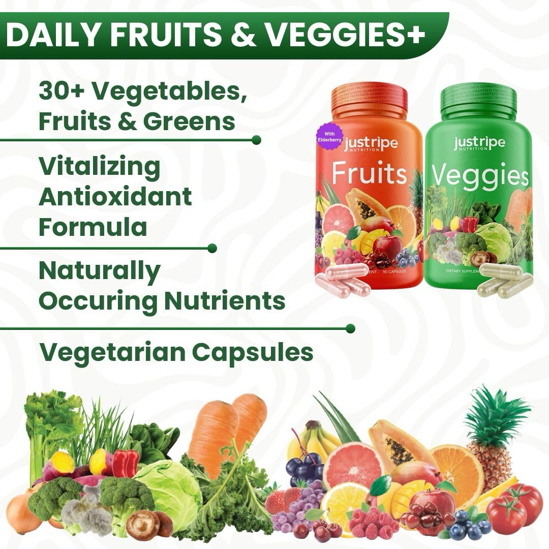 Just Ripe Nutrition Fruits & Veggies Supplement - 2 Pack (90 Fruit + 90 Vegetable Capsules) | Whole Food Superfood