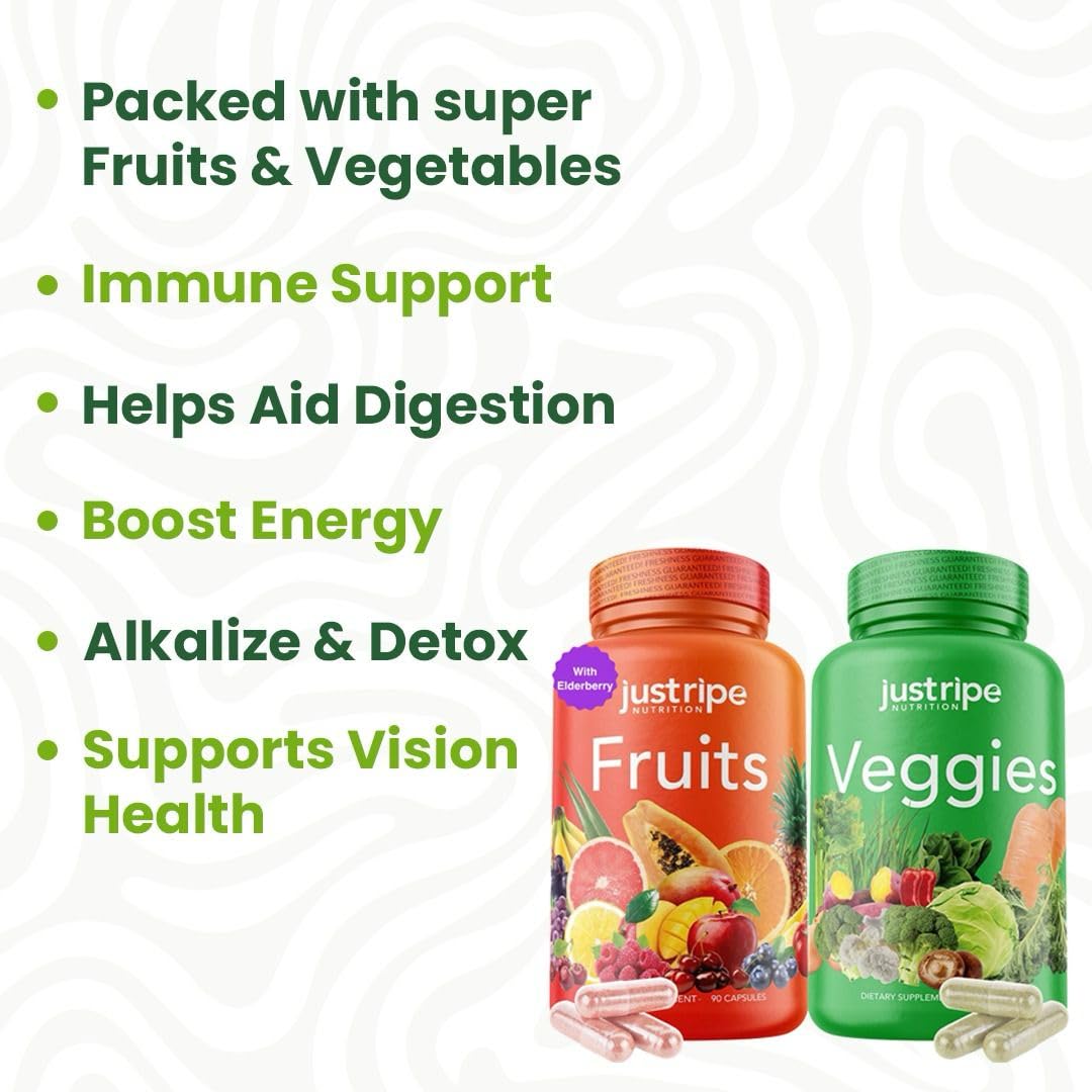 Just Ripe Nutrition Fruits & Veggies Supplement - 2 Pack (90 Fruit + 90 Vegetable Capsules) | Whole Food Superfood