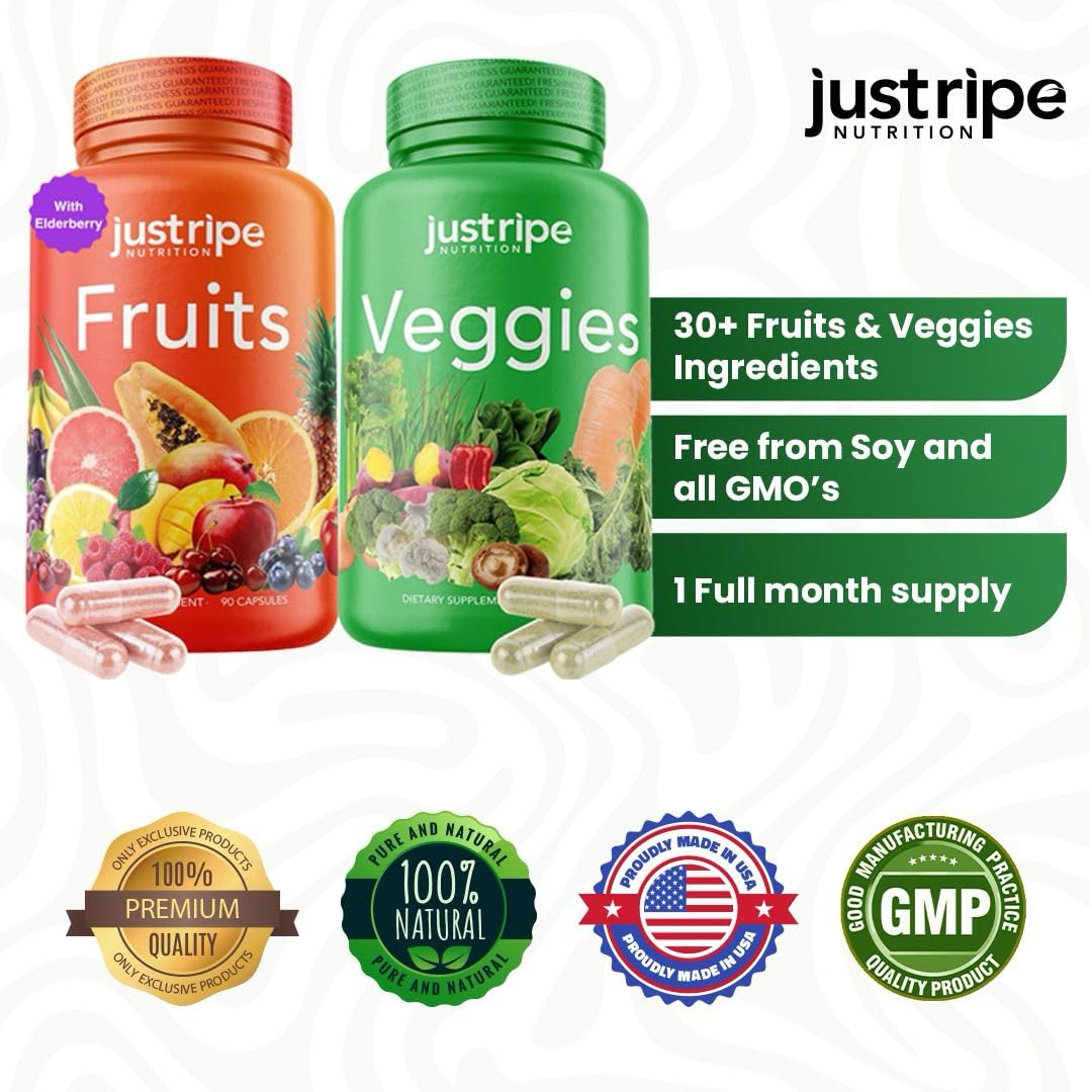 Just Ripe Nutrition Fruits & Veggies Supplement - 2 Pack (90 Fruit + 90 Vegetable Capsules) | Whole Food Superfood