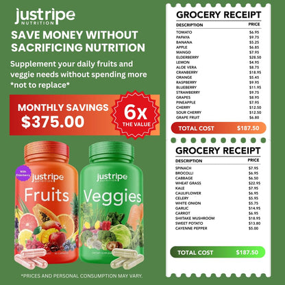 Just Ripe Nutrition Fruits & Veggies Supplement - 2 Pack (90 Fruit + 90 Vegetable Capsules) | Whole Food Superfood
