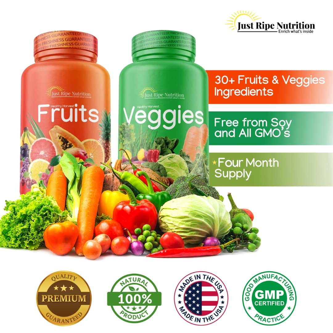 Just Ripe Nutrition Fruits and Veggies Supplement – 90 Fruit and 90 Vegetable Capsules (4 Pack) | Whole Food Superfood