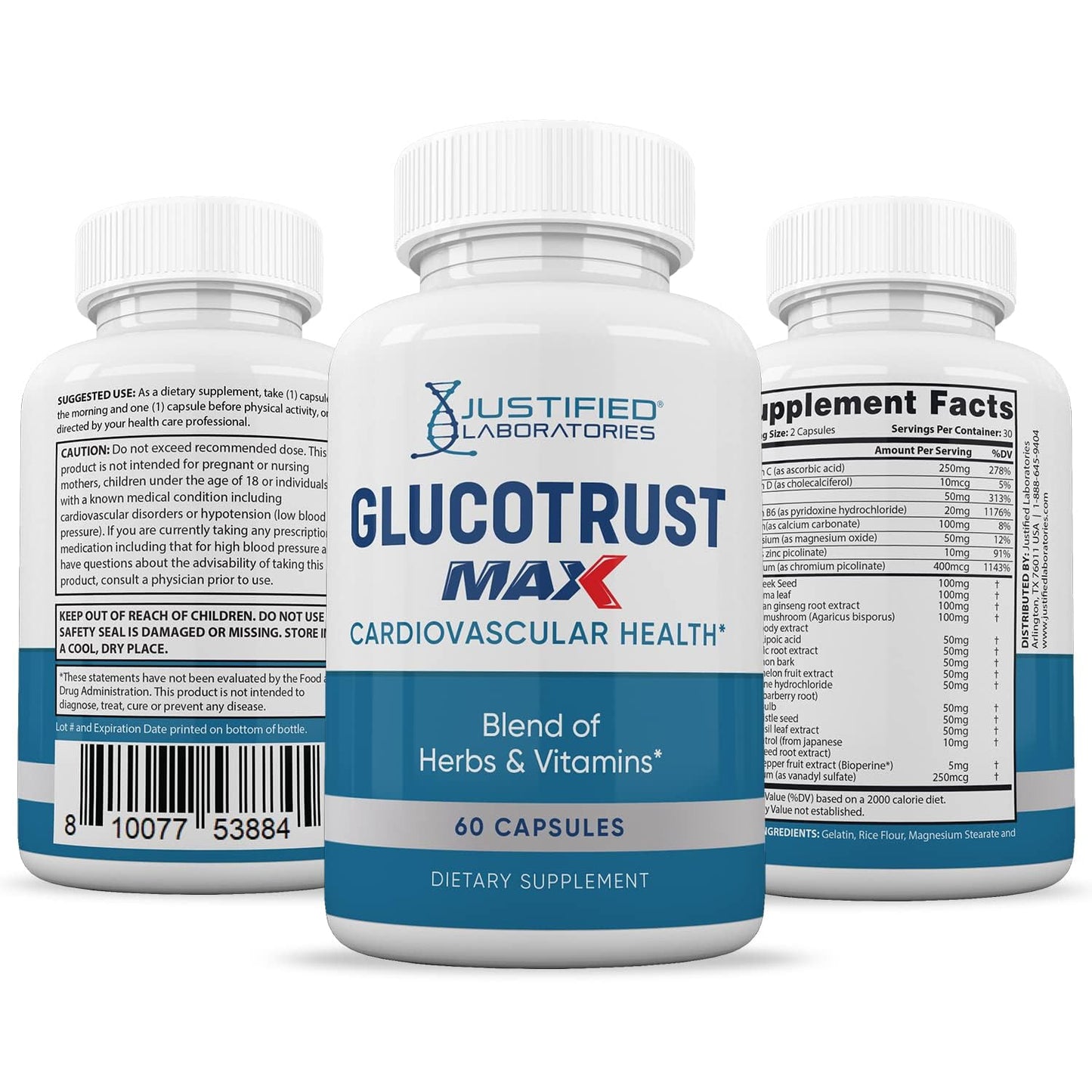Justified Laboratories 2 Pack Glucotrust Max 1295MG Formula - 120 Capsules | Dietary Supplement