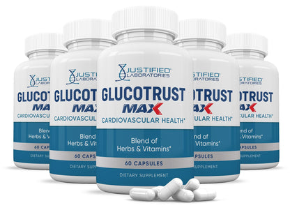 Justified Laboratories 5 Pack Glucotrust Max 1295MG Formula - 300 Capsules