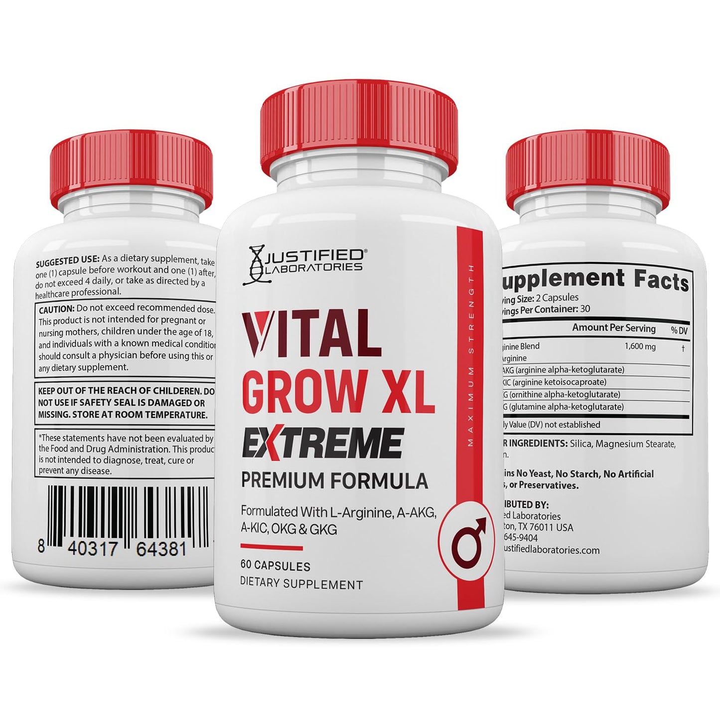 Justified Laboratories | Vital Grow XL Extreme 2 Pack – 1600MG Premium Formula for Men's Health | 120 Capsules