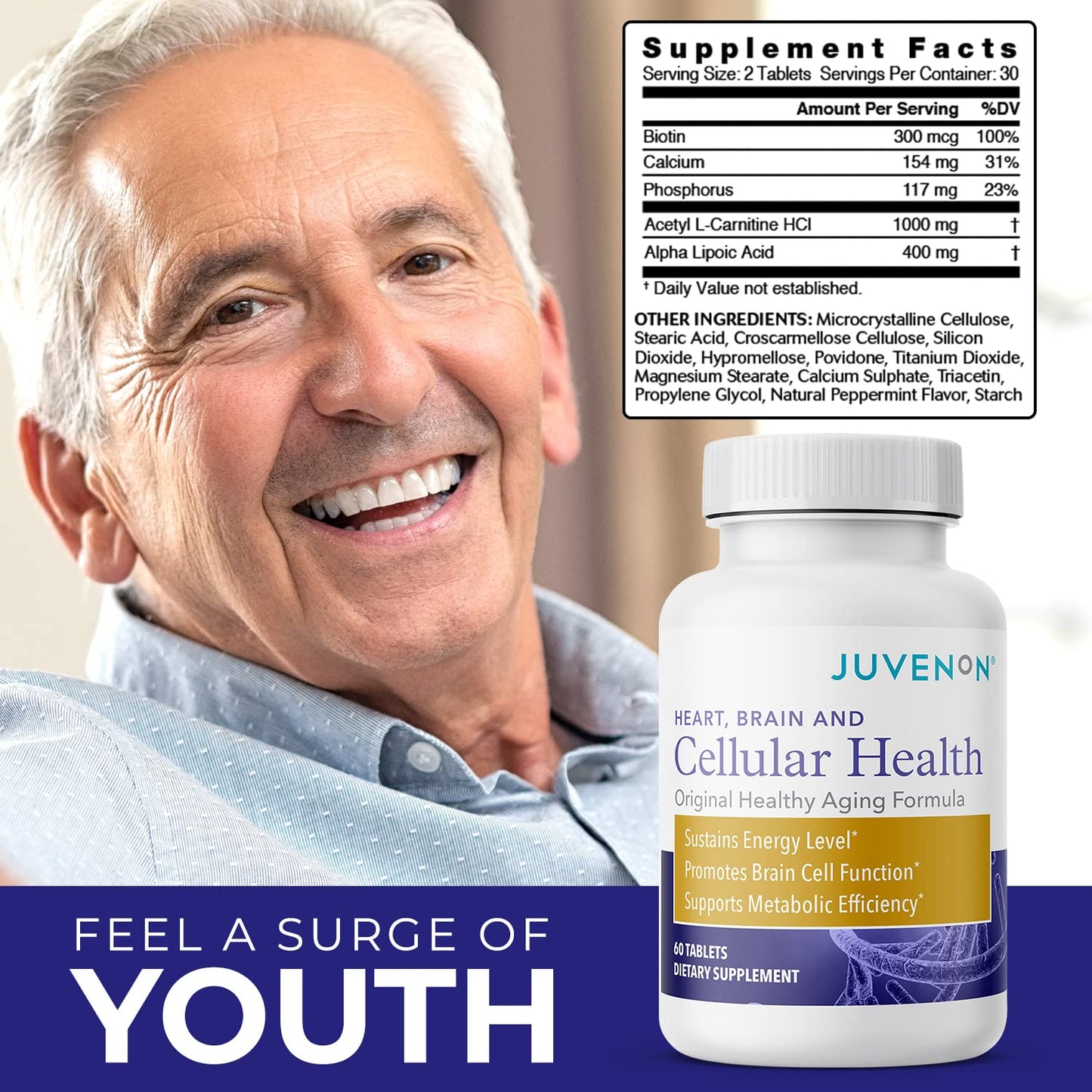 Juvenon Cellular Health – Brain & Heart Supplement with Acetyl L-Carnitine & Biotin (60 Tablets)