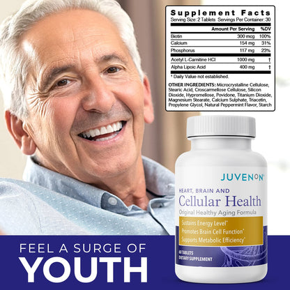 Juvenon Cellular Health – Brain & Heart Supplement with Acetyl L-Carnitine & Biotin (60 Tablets)
