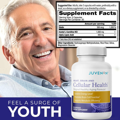 Juvenon Cellular Health | Acetyl L-Carnitine & Biotin for NAD+ Support, Energy & Focus – 90 Capsules