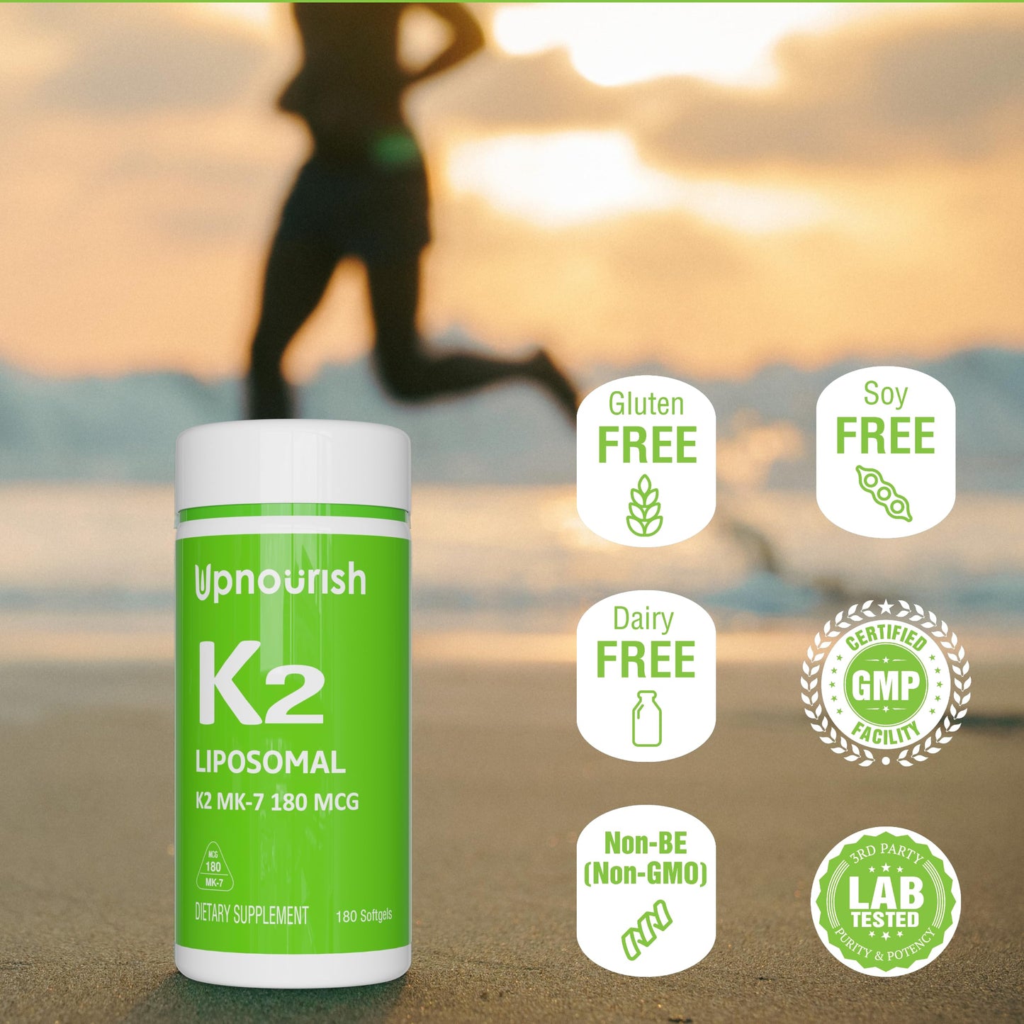 UpNourish Liposomal Vitamin K2 MK7 180 mcg – 180 K2 Softgels | High Absorption