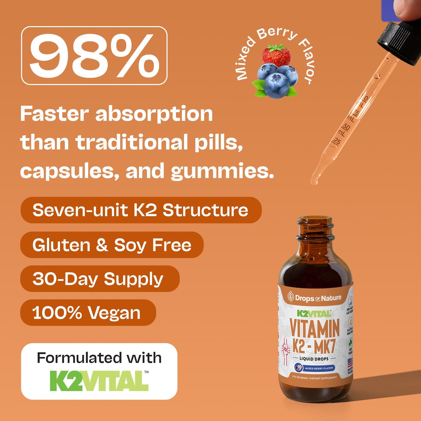 Vitamin K2 MK7 Liquid – 100 mcg, Vegan & Non-GMO, 60ml Berry Flavor | Bone & Cardiovascular Support