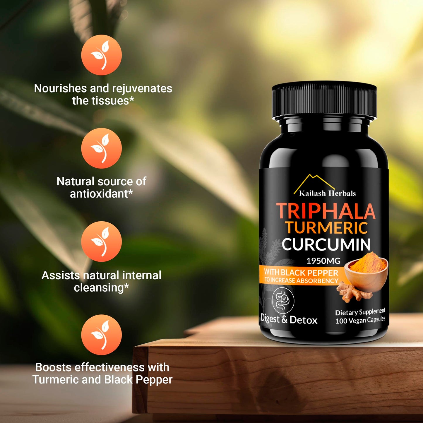Kailash Herbals Triphala Turmeric Curcumin 1950mg – 100 Vegan Capsules | Digestive Health