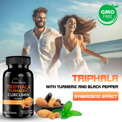 Kailash Herbals Triphala Turmeric Curcumin 1950mg – 100 Vegan Capsules | Digestive Health