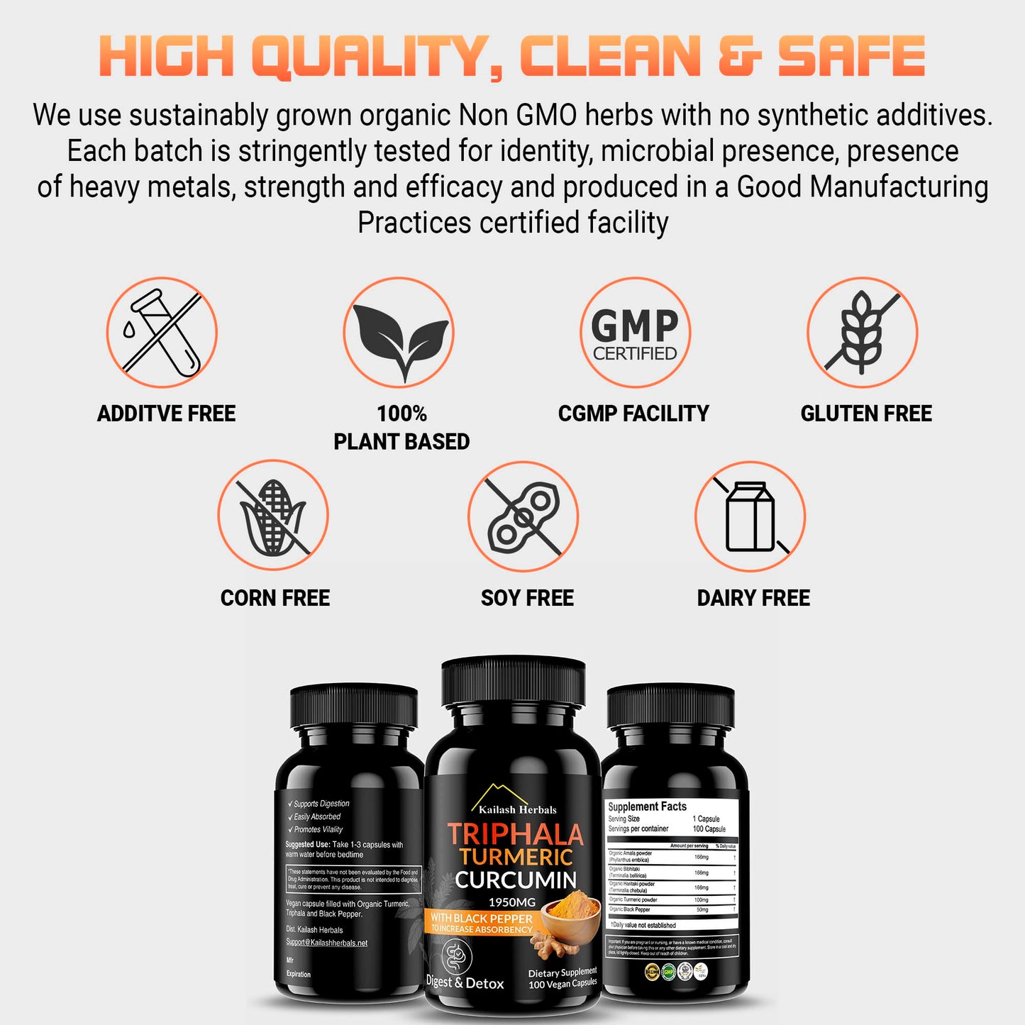 Kailash Herbals Triphala Turmeric Curcumin 1950mg – 100 Vegan Capsules | Digestive Health